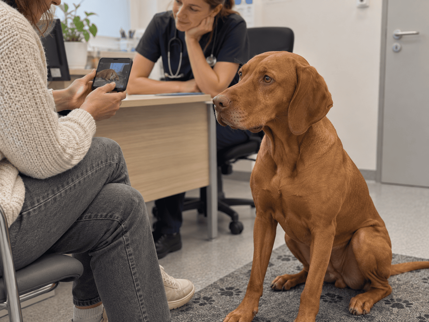 Veterinárka si s majiteľkou prezerá video pohybov vyžly